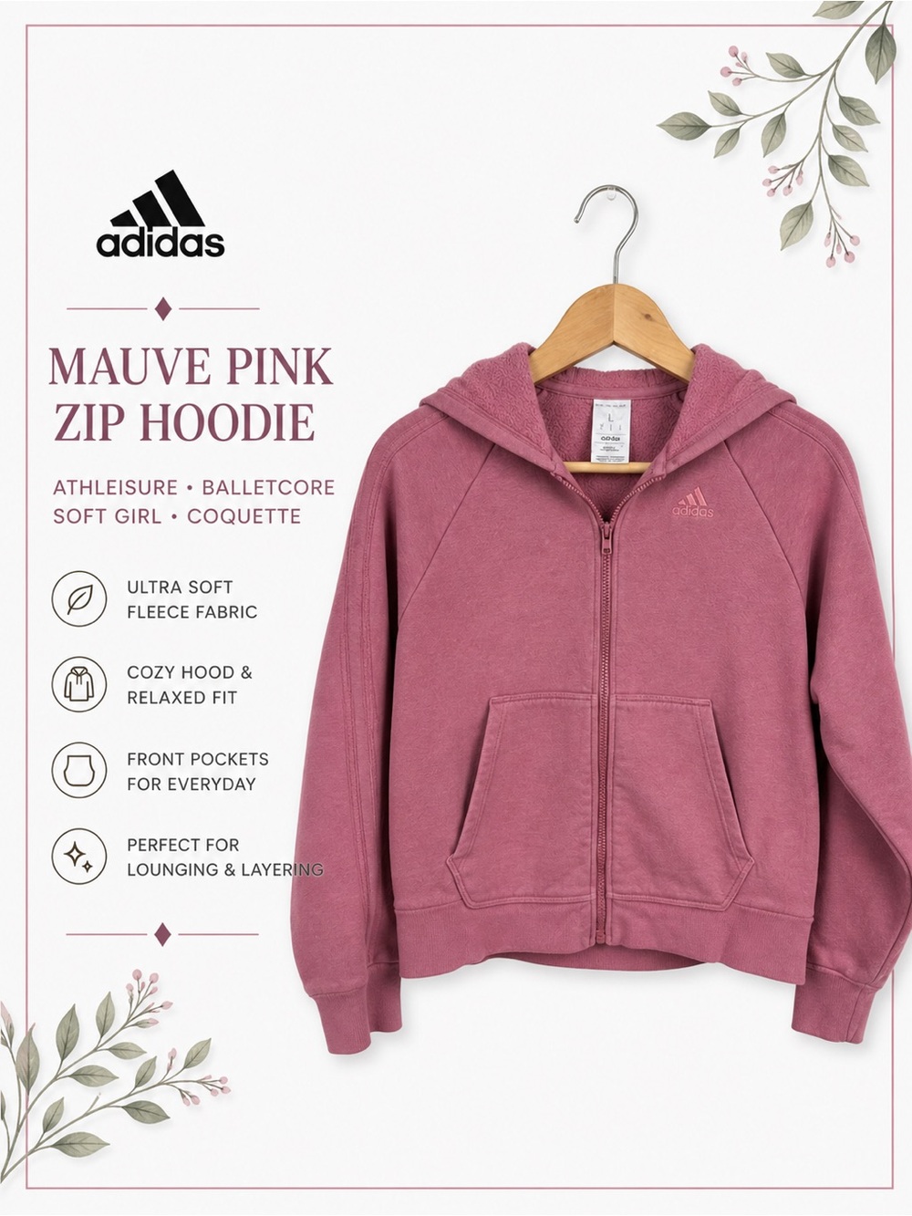Adidas Mauve Pink Zip Hoodie Coquette Athleisure Balletcore Soft Girl Large